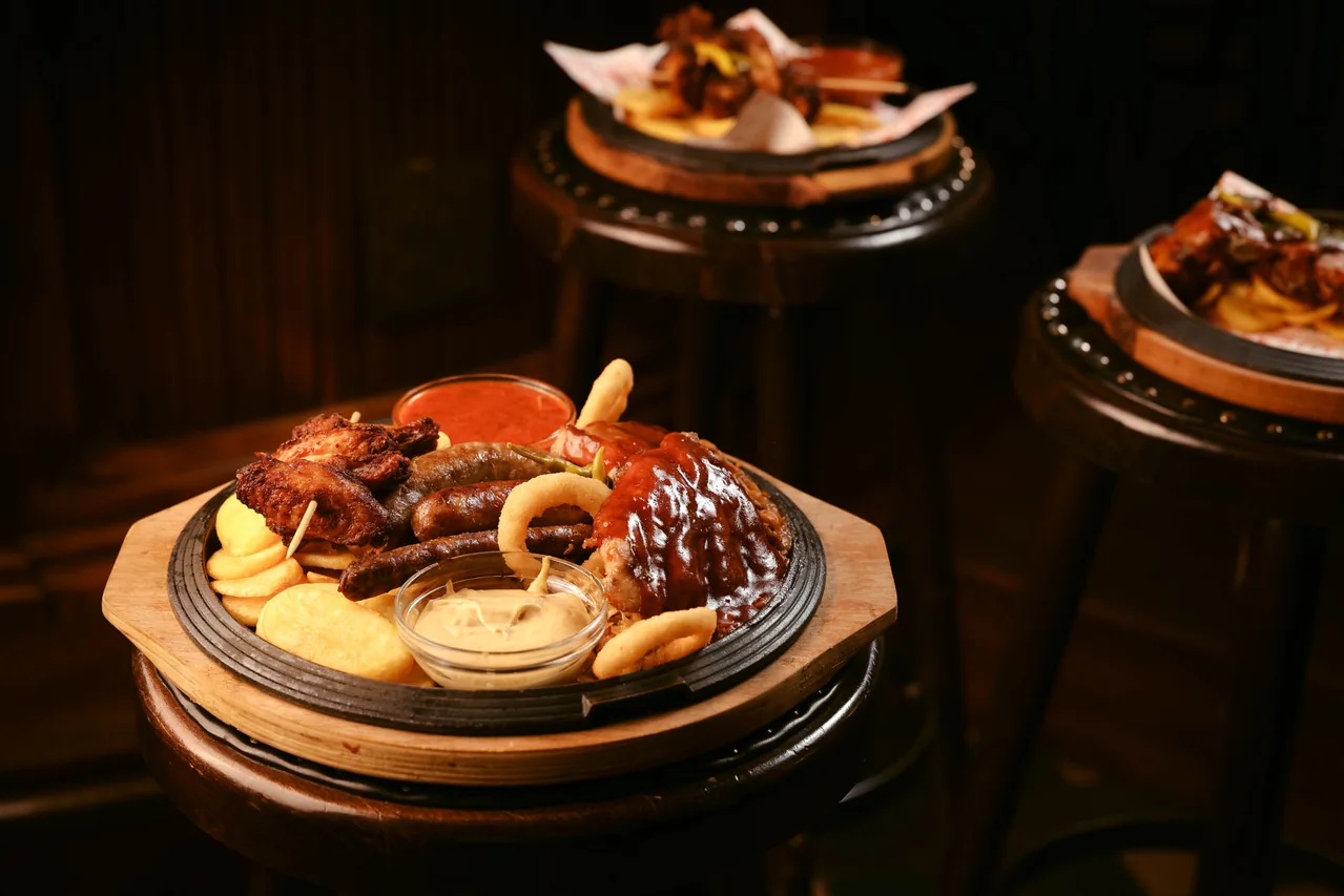 Food served beside the wooden pub bar